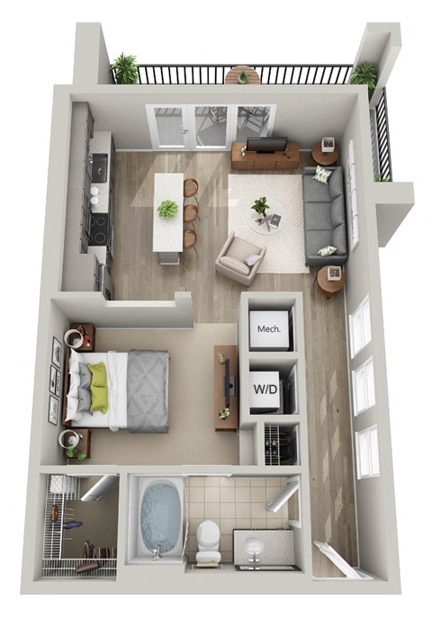 a 3d rendering of a floor plan with a bedroom and living room